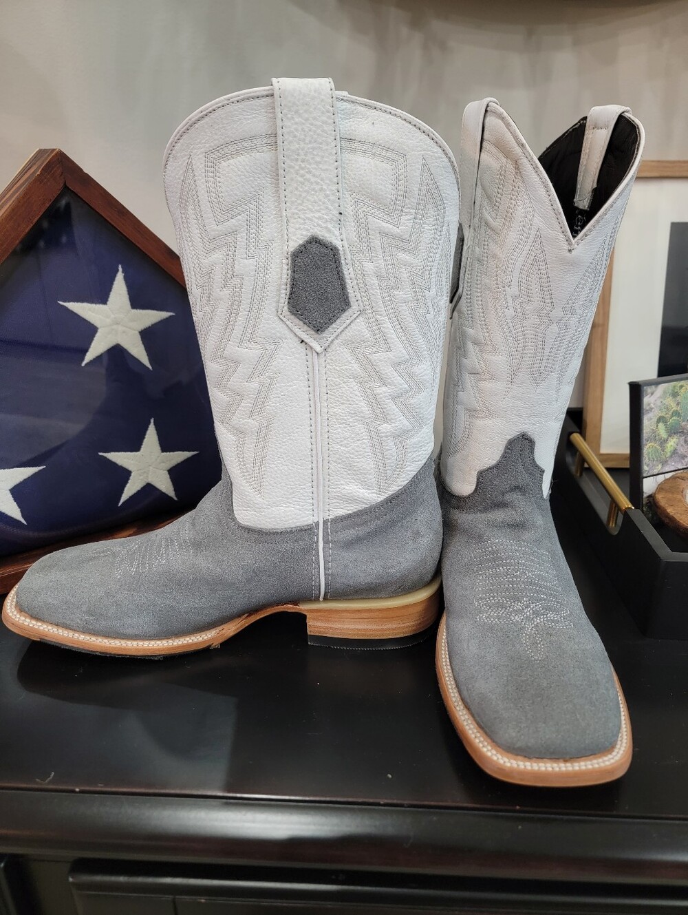 Rock'em Men's Roughout Suede Cowboy Boots Gray/White | Square Toe | 8.5 EE | New